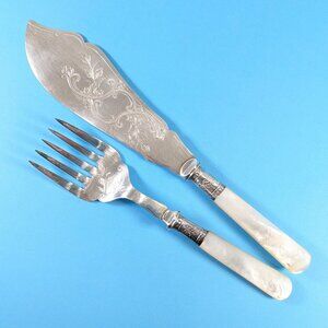 Victorian Mother of Pearl Handled Fish Servers ca 1880s, Antique serving